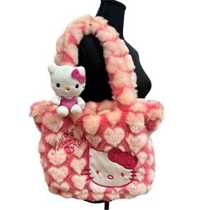 Hello Kitty Pink Faux Fur Plush Hearts Tote Bag Large Fluffy Shoulder Tote Bag